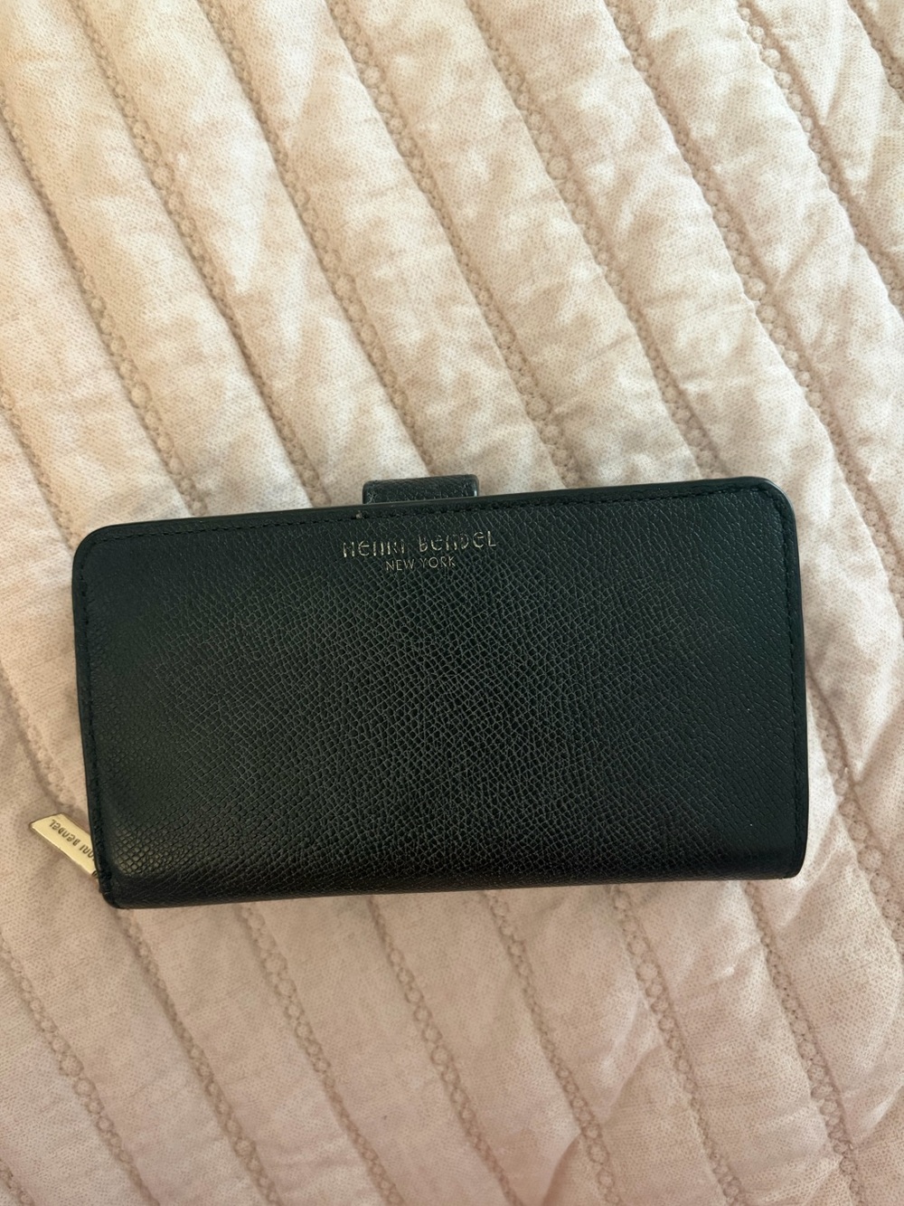 Henri Bendel Black Textured Leather Wallet with Gold Logo